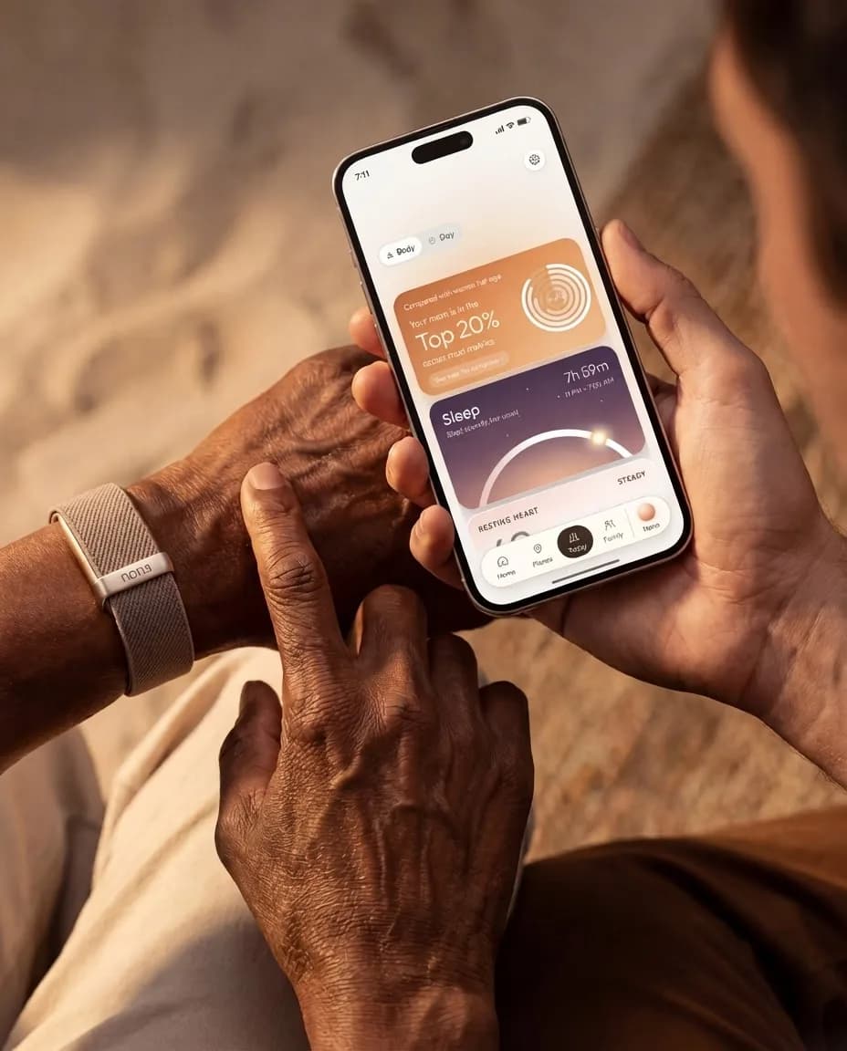 The Nona app open on a phone next to the wearable on a wrist