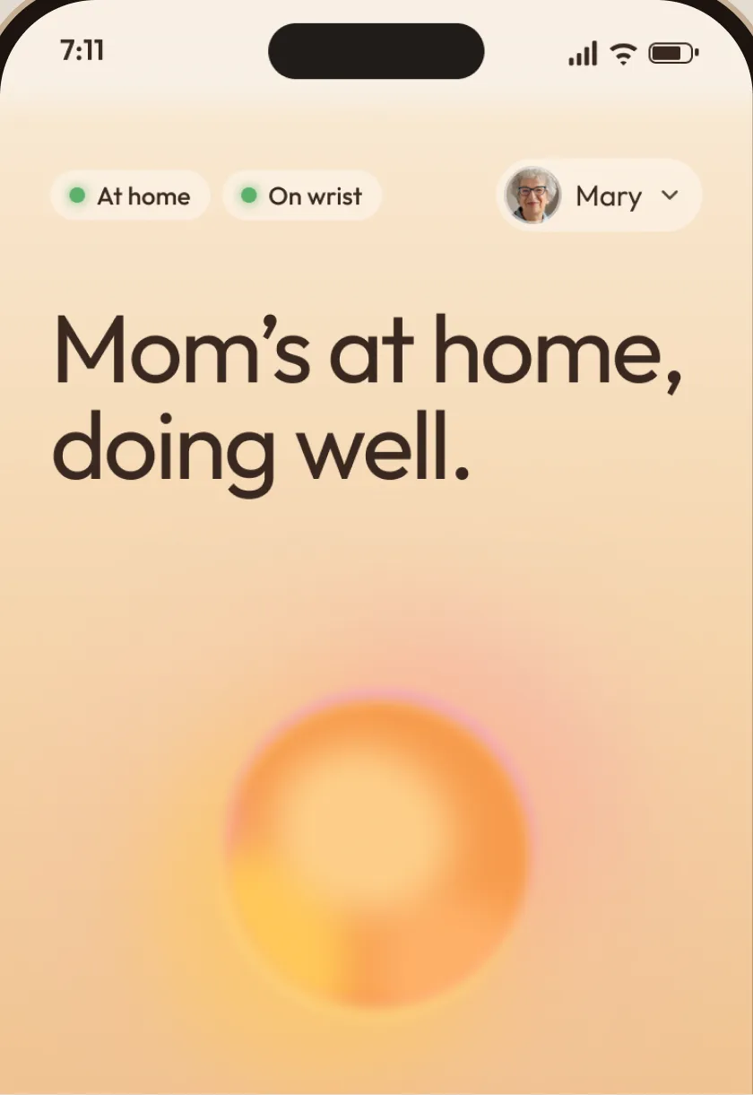 Nona app home screen for Mary: “At home” and “On wrist” status, with the headline “Mom’s at home, doing well.”